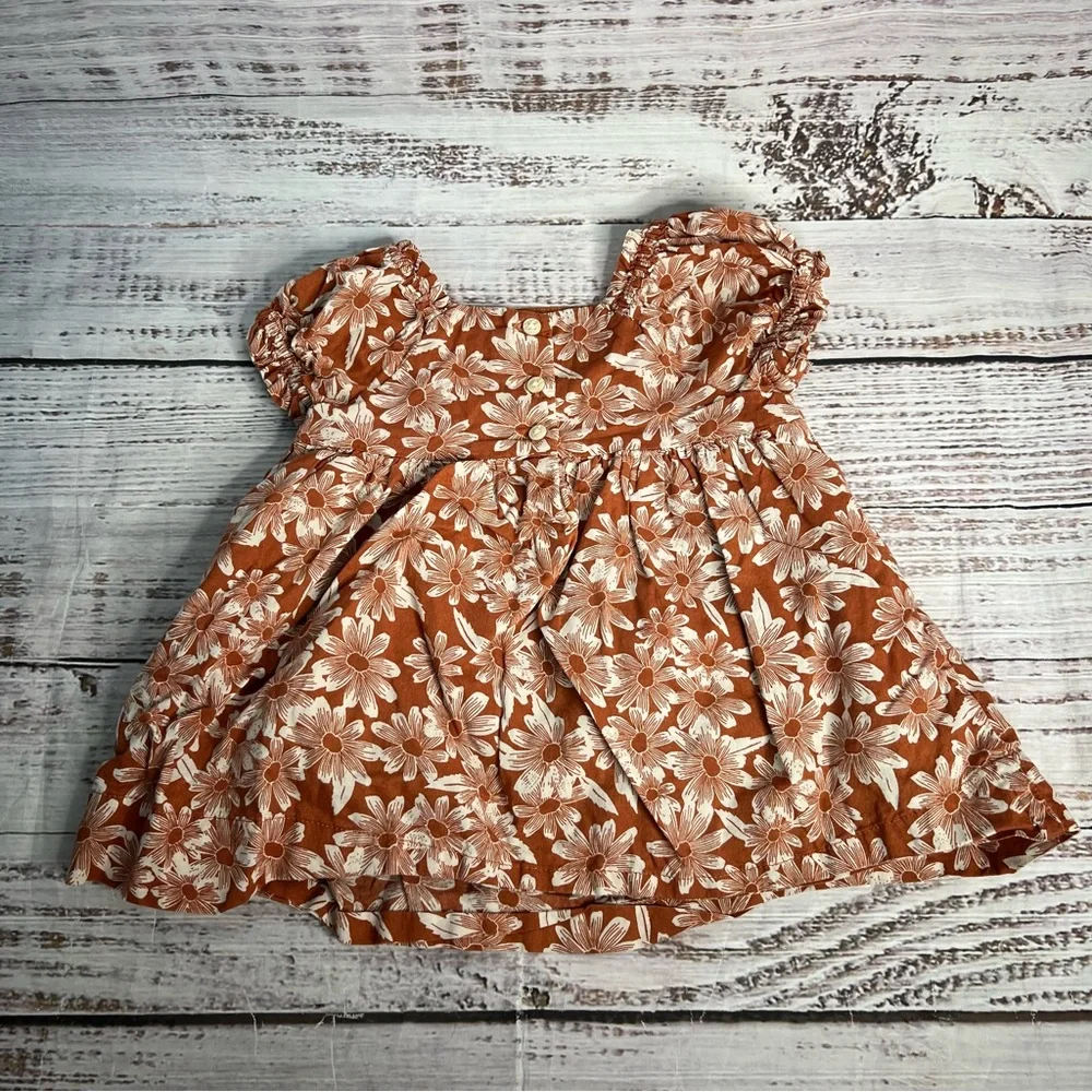 Baby Gap 3-6 Months Brown Floral Baby Puff Sleeve Babydoll Dress 2 Piece Set‎
